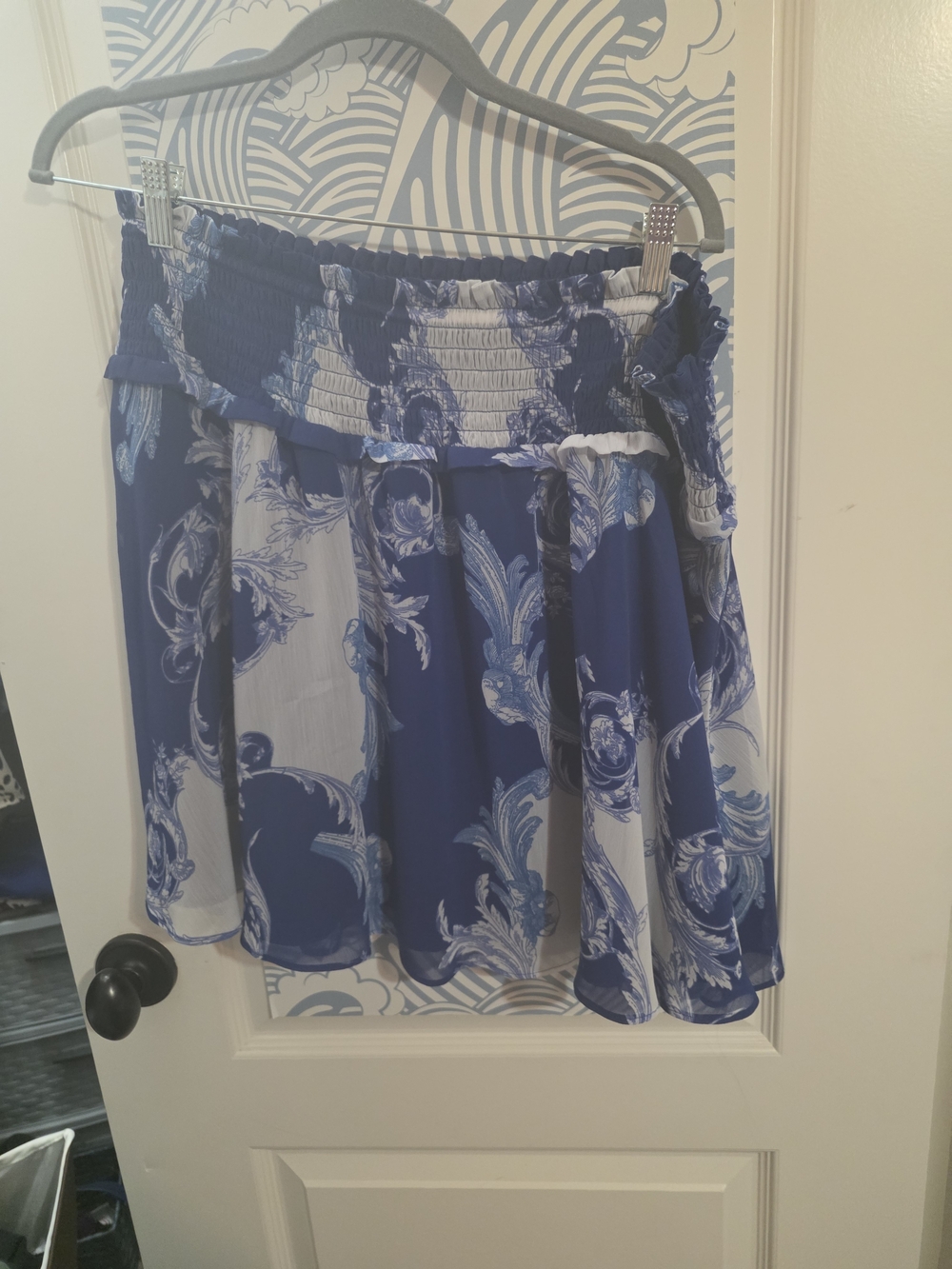 Express Blue and White Floral Smocked Waist Skirt